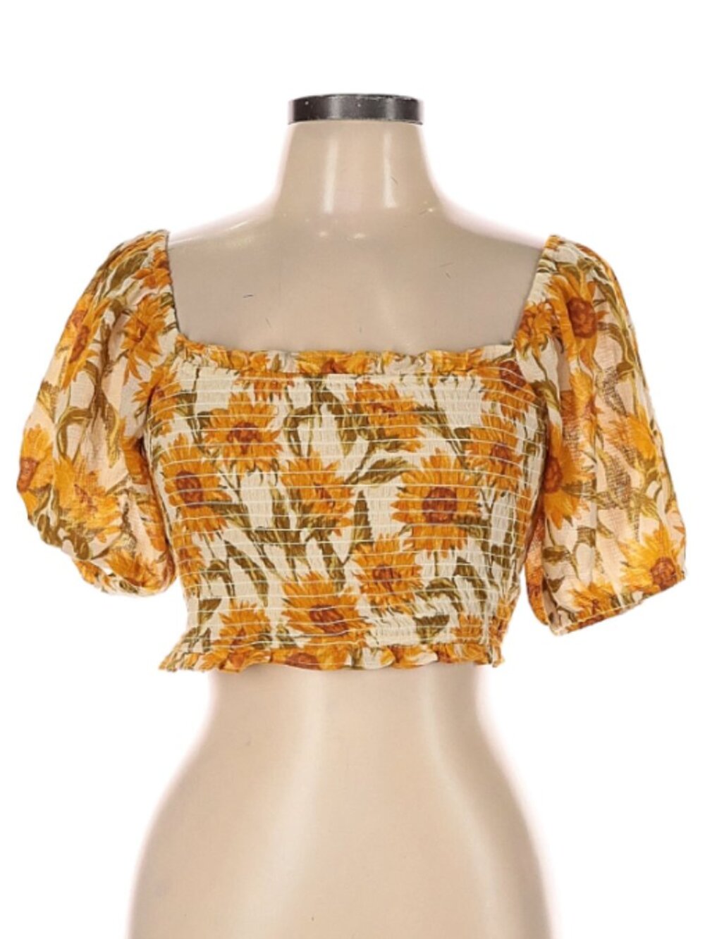 ASOS Design Sunflower Print Smocked Cropped Blouse Puff Sleeve Size 10